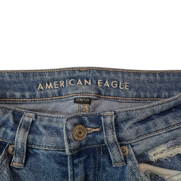 American Eagle Mom Straight Jeans Size 4 High Rise Distressed Ripped Knee - Picture 5 of 15